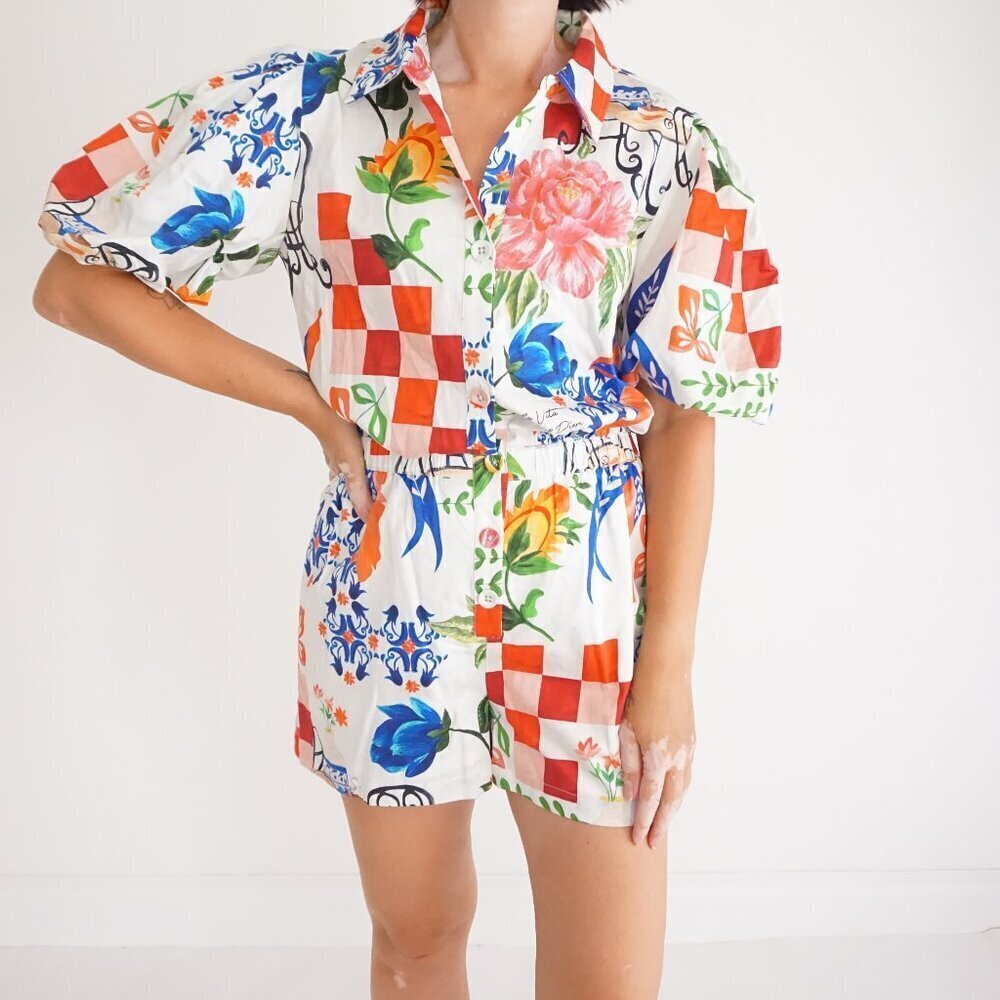 Alden Adair Multicolor Floral Check Button Front Cotton Romper Cottagecore S